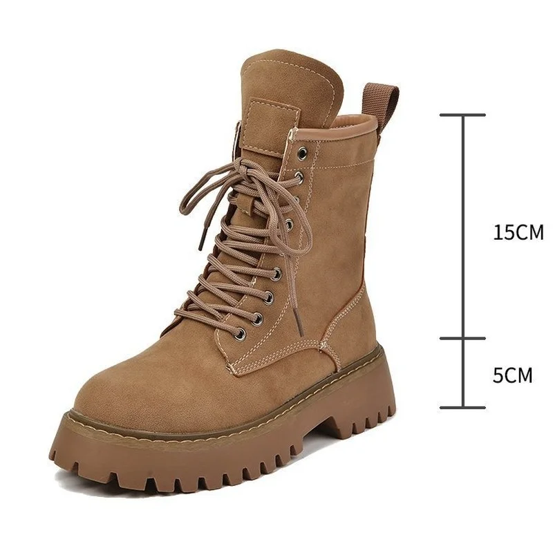 2022 Women Boots Cow Suede Leather Motorcycle Boots Lace-up Shoes Med Heel Ladies Ankle Boots Autumn Woman Shoes Botas De Mujer