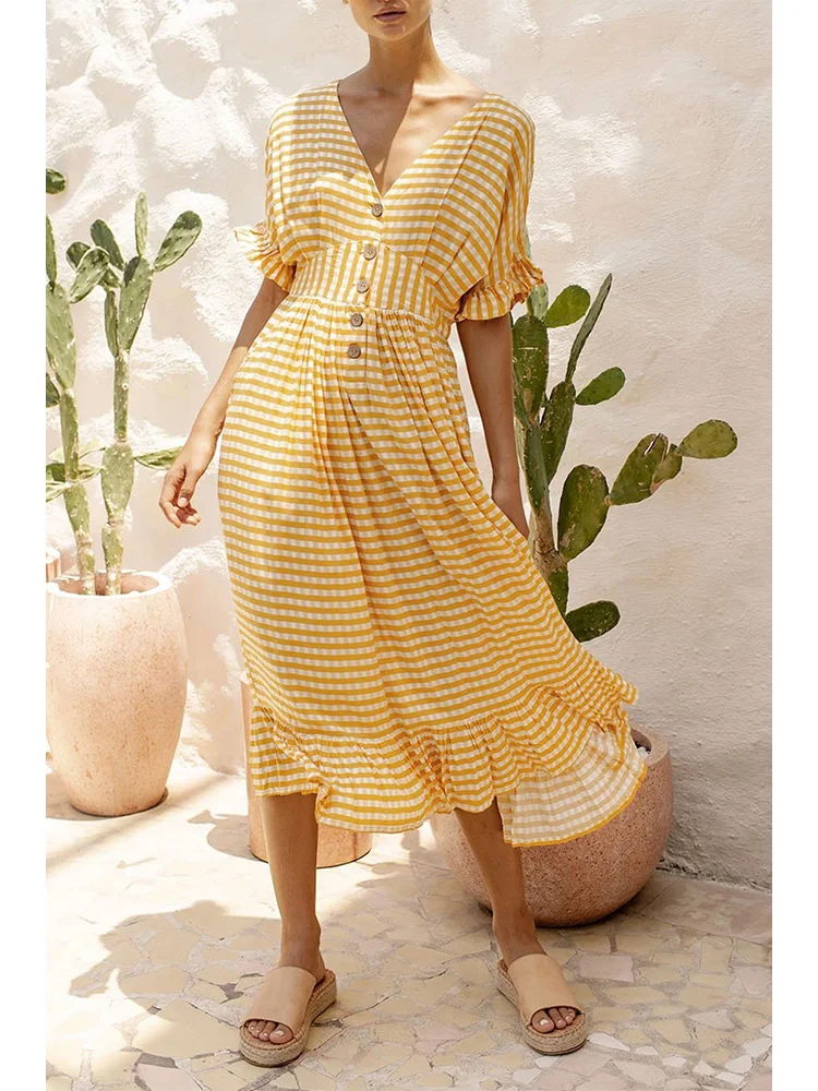 

2023 Summer Mid length Women's Dress V-neck Printed Stripe Party Dress Women's Bohemian Flower Dress