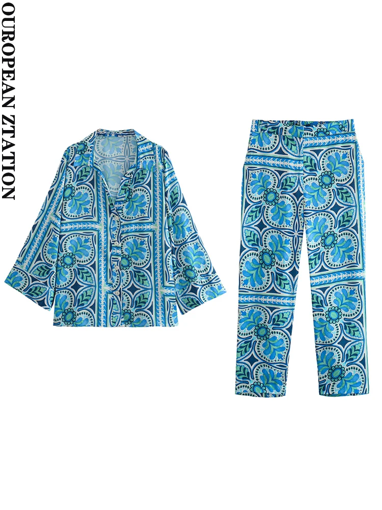 

PAILETE Women 2023 fashion oversized printed button-up shirt or mid-waist front pockets cropped trousers two pieces sets mujer