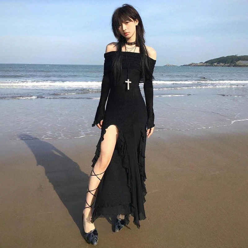 

Clinkly Black Slash Neck Party Dresses Elegant Fashion Ruffled Side Slit Slim Long Dress Off Shoulder Women Vacation vestidos