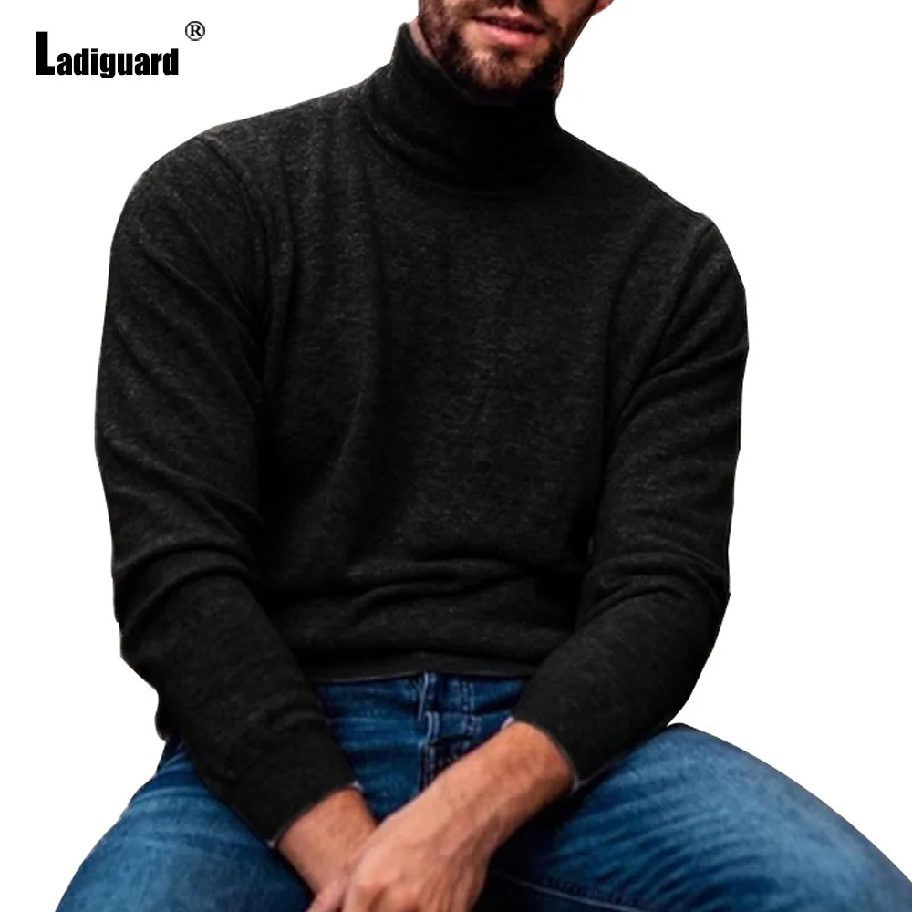 Ladiguard Autumn Casual Knitted Sweaters Mens Fashion Turtleneck Top Pullover Male Long-sleeved Sweater Black Grey Knitwear 2022