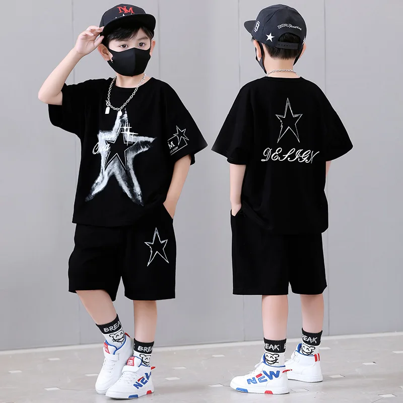 

2023 Summer Kids Clothes Boy Children Sets hip hop stars Suit o neck Teenager loose t-shirt + short pant 4 6 9 10 12 15 18 Years