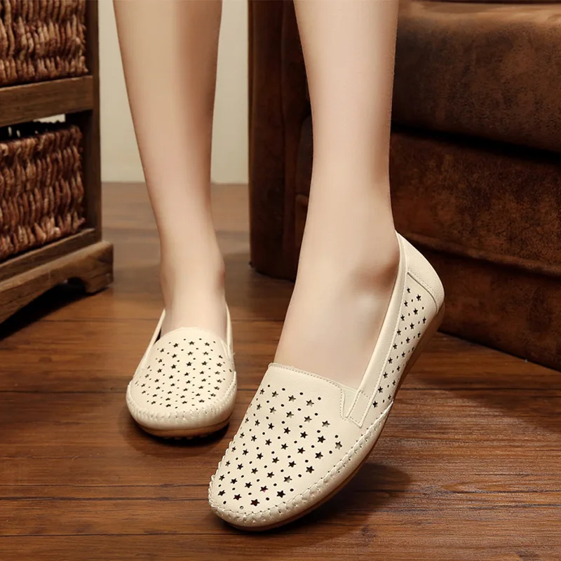 

Summer breathable women hollow loafers shoes soft bottom female flats comfortable soft PU leather casual women shoes