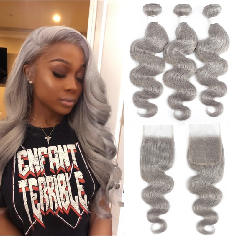 Body Wave Bundle With Closure Silver Grey Color 3 Bundles With Closure Gray Brazilian Remy 100% Human Hair Bundles KEMY HAIR