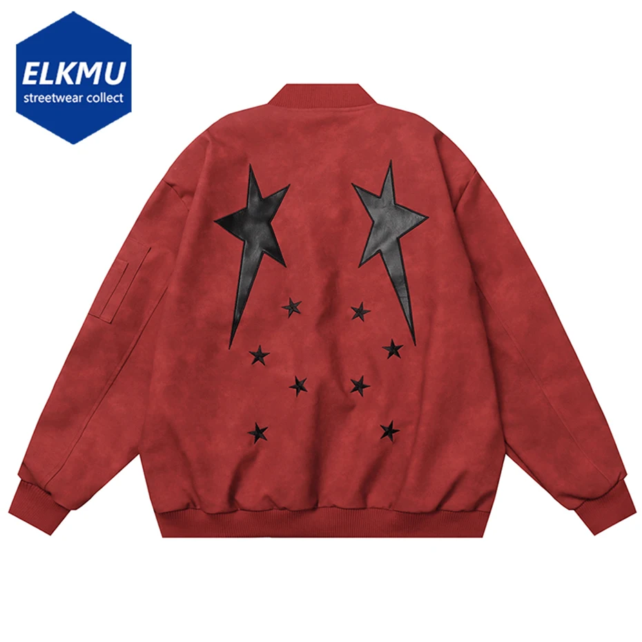 

Star Embroidery Leather Jacket Harajuku Hip Hop Streetwear Fashion Leather Bomber Jackets Men Punk Loose Coat Black Red