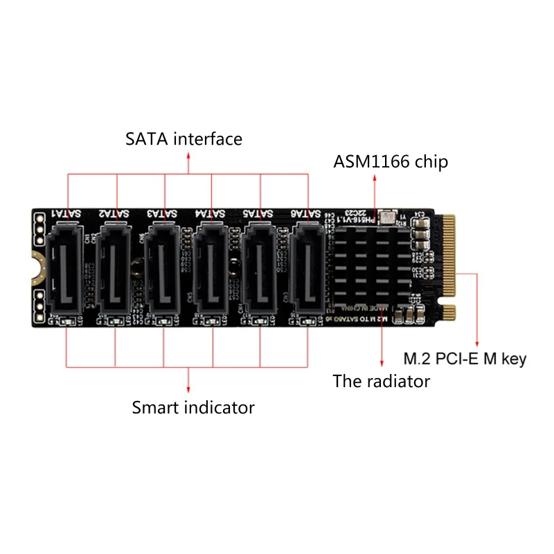 

Внутренняя 6-портовая карта управления M2 M-key PCIE 3,0 для настольного ПК, Поддержка порта SSD HDD с низкопрофильным кронштейном