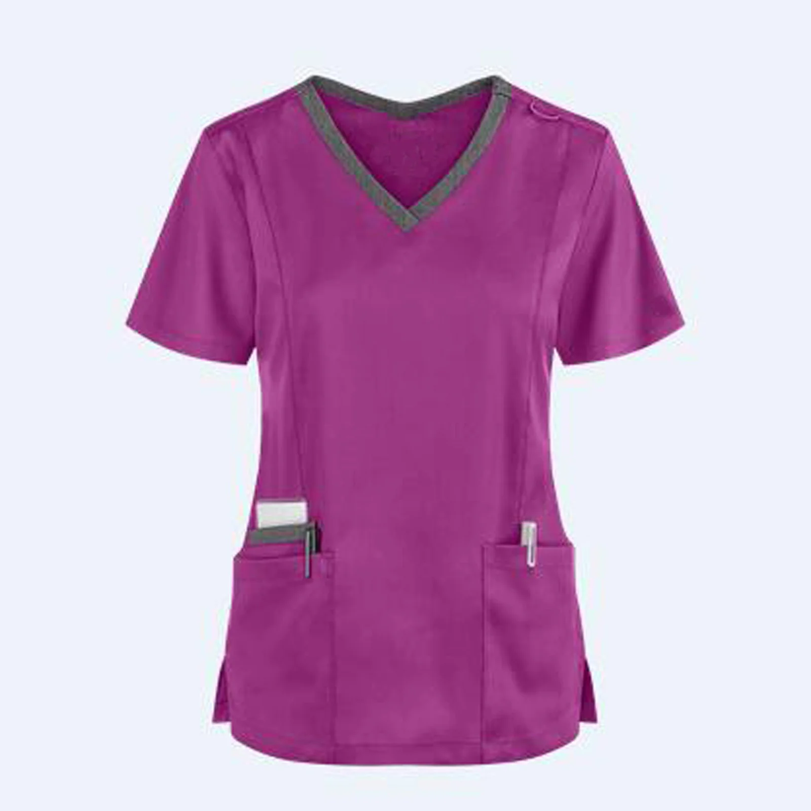 

Women's Uniform Shirt Shorts casual long sleeve robe work uniform nurse top plain T-shirt neckline V pocket women's wear