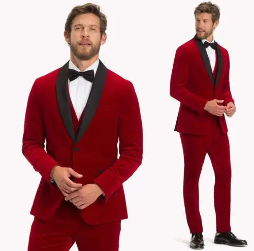 

Handsome Latest Red Velvet Party Dress Mens Suits Custom Made Peak lapels Groom Suit For Wedding 2Pcs(Jacket+Pants+Vest+Bowtie)