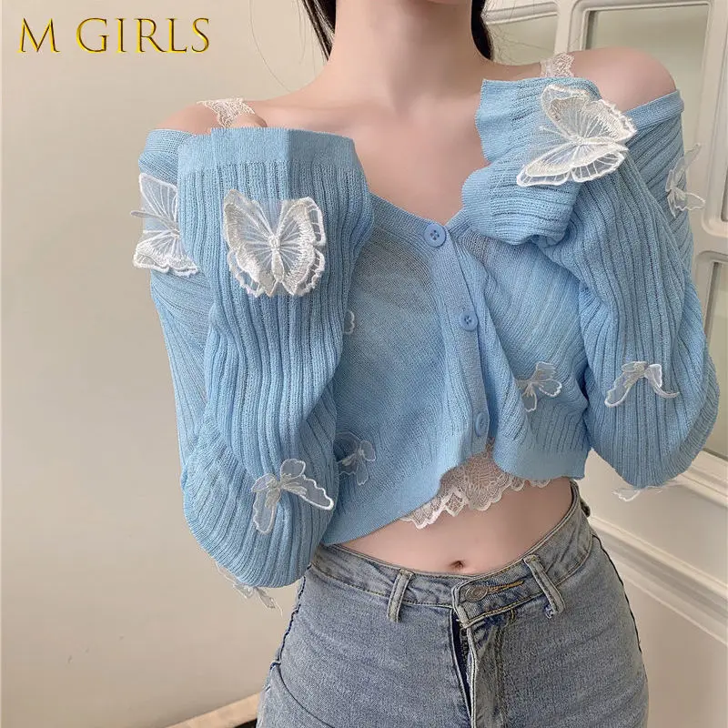 

M GIRLS T-shirts Women Tender Slim Summer Butterfly-lace Knitting All-match Fashion Ins New Cropped Tops Harajuku Single