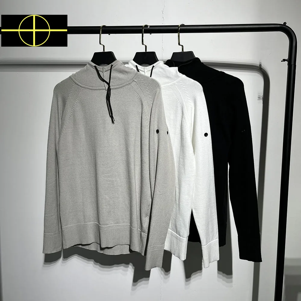 

High Quality Hooded Sweater Men Women Sleeve Patch Knitted Hoodie Turtleneck Badge Sweater Men