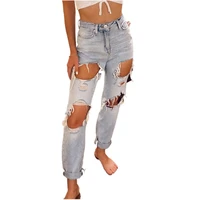 women ripped high waist jeans straight leg slimming denim trousers causal vintage sequin jeans full length hole new loose pants