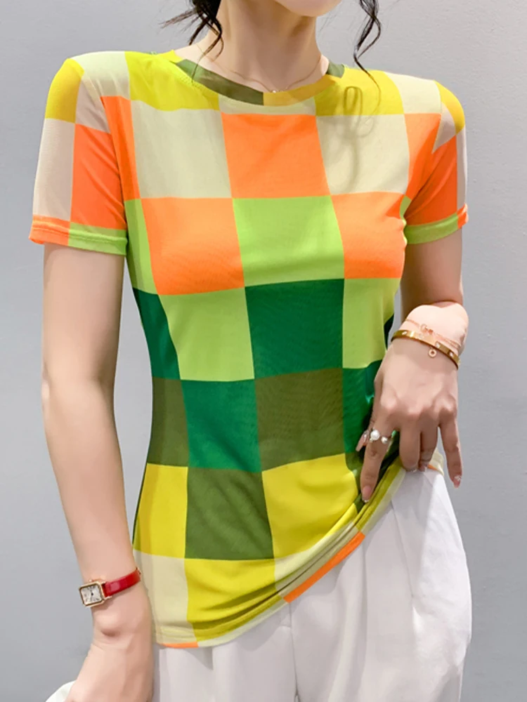 

Повседневная футболка с круглым вырезом и принтом, облегающий топ с короткими рукавами, новинка 2023, модная женская одежда