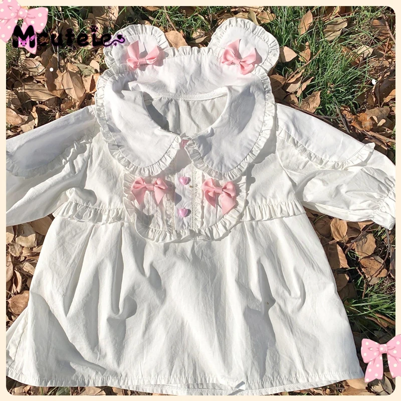 

Lolita Shirts Women Preppy Style Kawaii Bear Ear Ruffles Jk Shirt Japanese Girl Sweet Bow Peter Pan Collar Short Sleeve Blouses