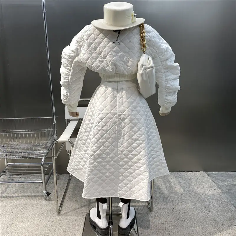 2022 Winter Fashion Rhombus Parkas High Quality Dress Suit High Waist A-line Skirt Thickened Warm Cotton Two-piece Suit