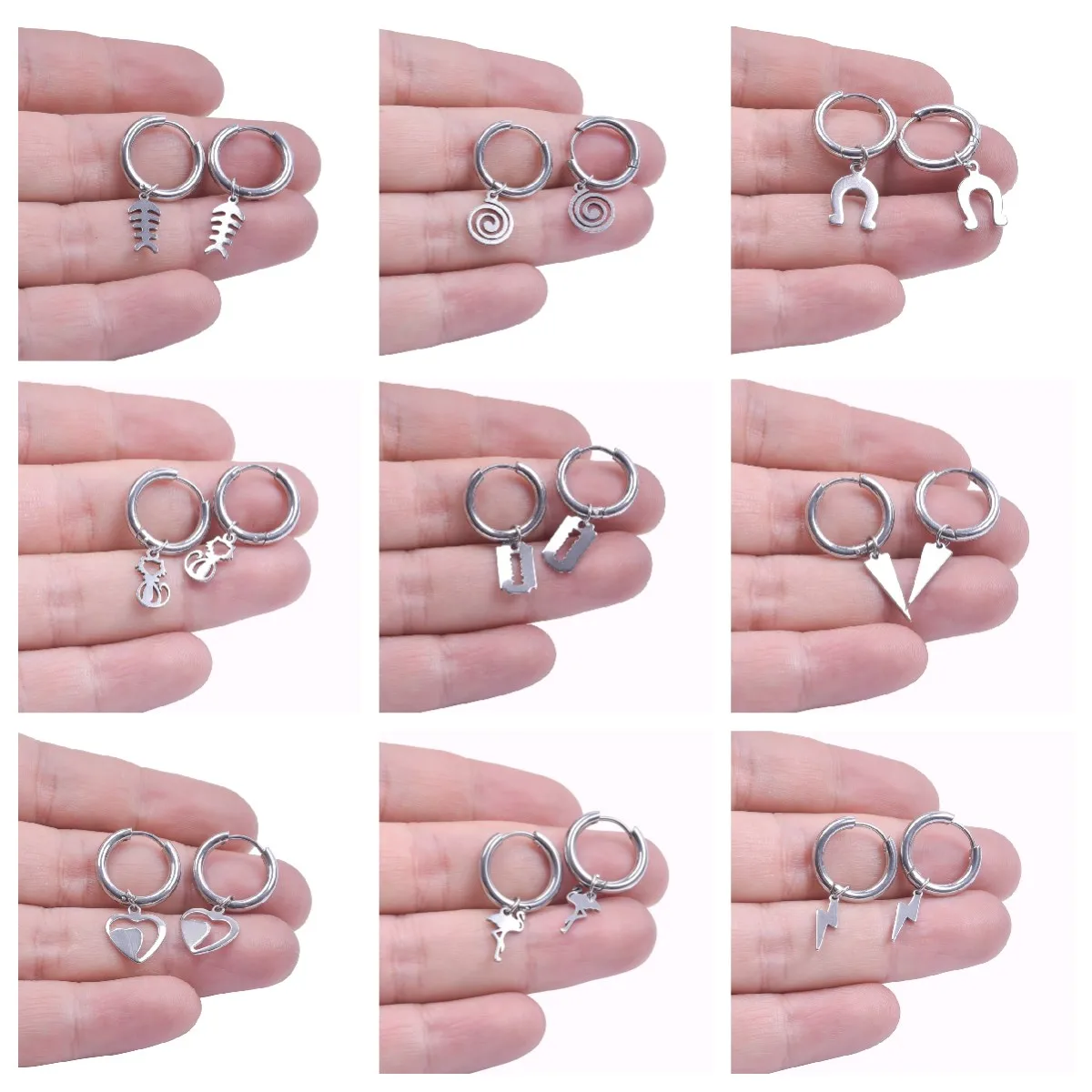 

Stainless Steel Fish Bone Cat Hearts Earrings For Women Men Gothic Street Hip Hop Lightning Inverted Triangle Eardrop Jewelry