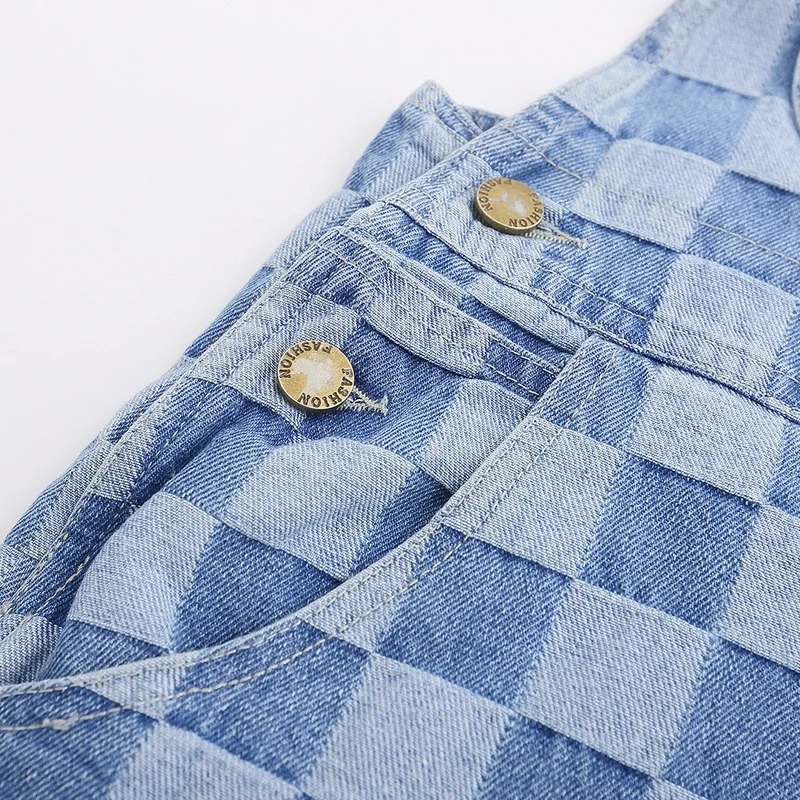 Men Overalls Strap Jeans Summer Fashion Loose Button Plaid Jeans Men's Casual Strap Pocket Denim Sports Straight Pants Trousers