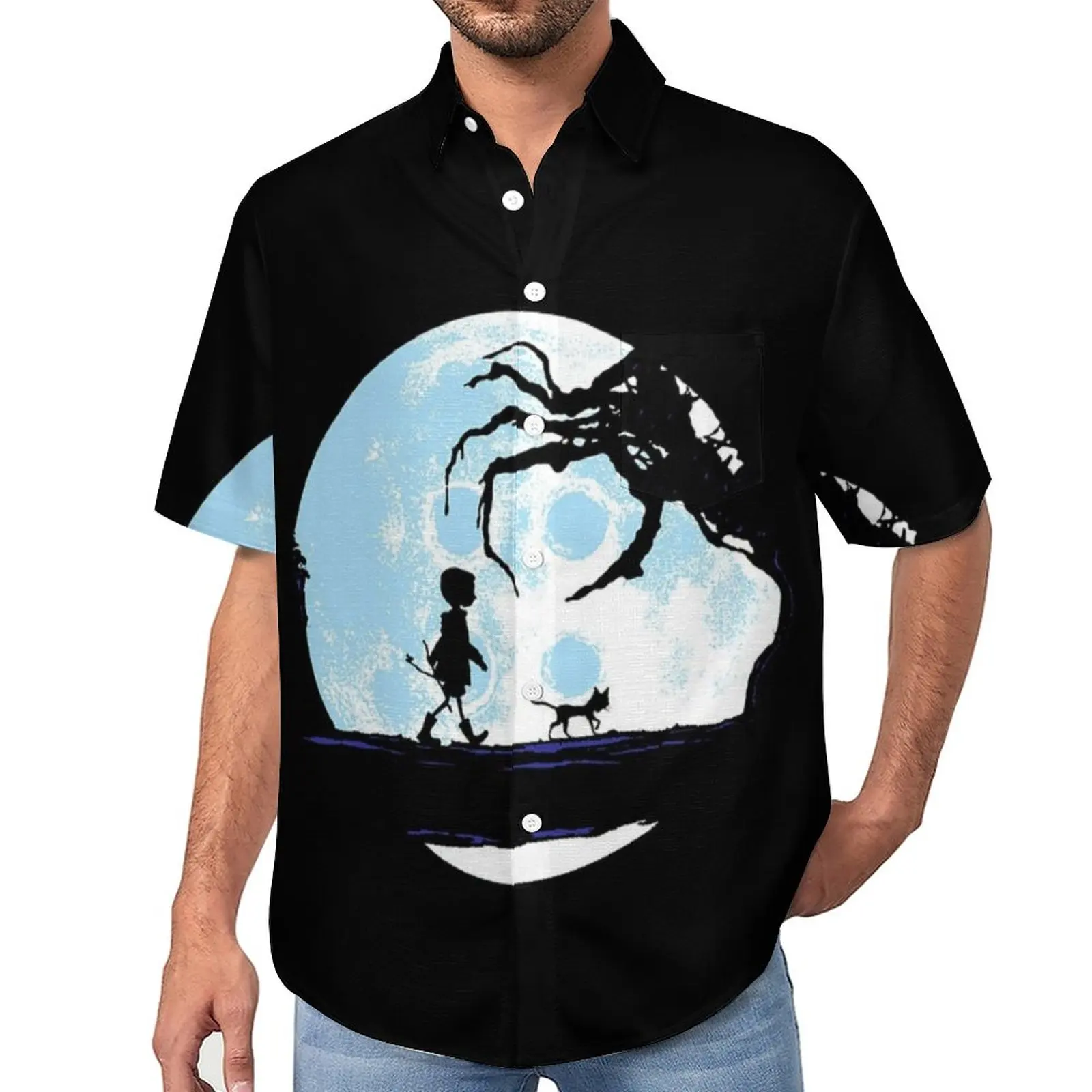 

Coraline Blouses Male Halloween Haunted Eyes Snapperspooky Cartoon Casual Shirts Hawaiian Short Sleeve Oversized Beach Shirt