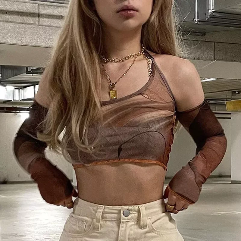 

Y2k Gothic Print Brown Corset Tops Vintage Crop Top T Shirt Harajuku Grunge With Glove Fashion T-Shirt Women Summer Tshirt Camis
