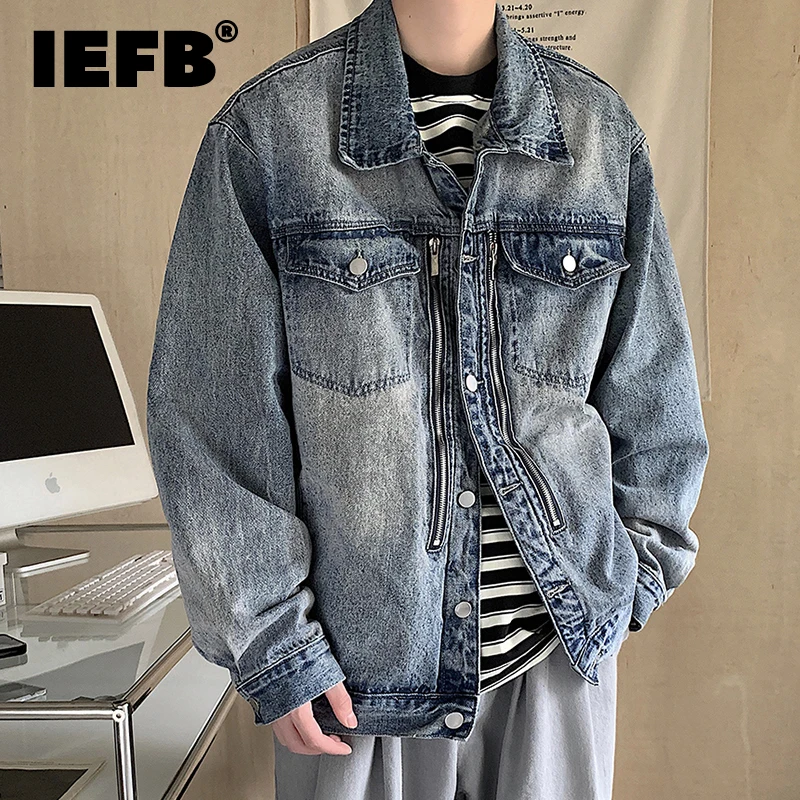 

Новинка, модные мужские куртки IEFB, дизайнерская джинсовая куртка на металлической молнии, однотонный мужской топ с отложным воротником, осень 2023, тренд 9C2399