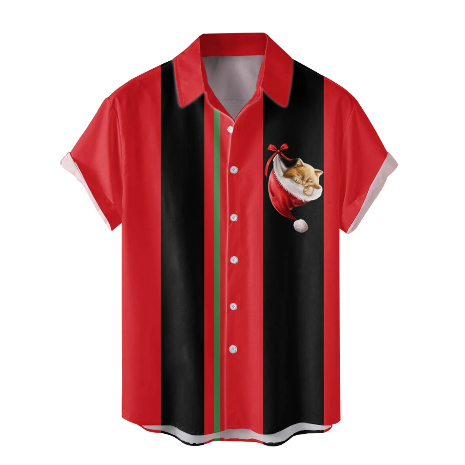 

Полосатая блузка с принтом рождественского котенка, мужская повседневная модная однобортная уличная одежда с длинным рукавом, рубашки, Рождественский Повседневный Топ