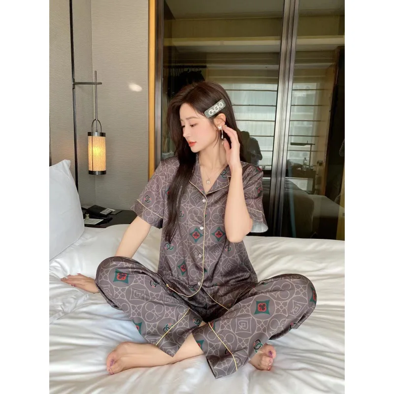 2023 Summer New Ice Silk Pajamas Women's Fashion Printed Homewear Short-Sleeved Trousers Trendy Suit
