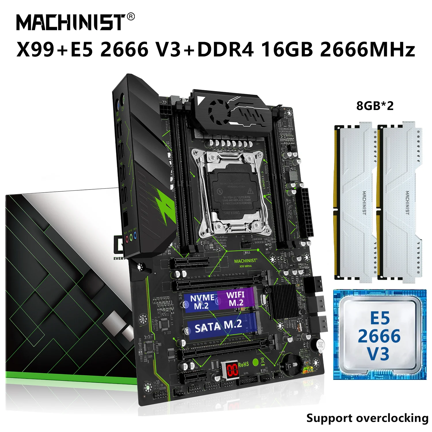 MACHINIST X99 Kit Motherboard LGA 2011-3 Set With Xeon E5 2666 V3 CPU 16GB=2*8G DDR4 2666Mhz RAM Four-channel SATA  M.2 MR9A