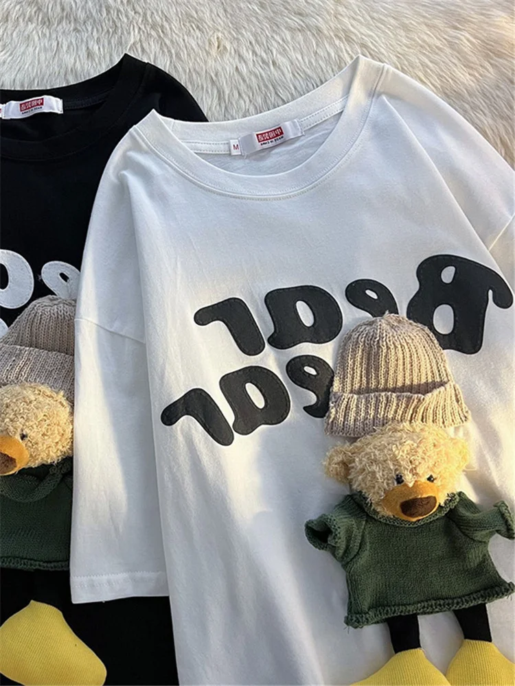 

H.SA/летние корейские топы с короткими рукавами и круглым вырезом, с изображением медведя, женские милые брендовые свободные футболки в стиле...