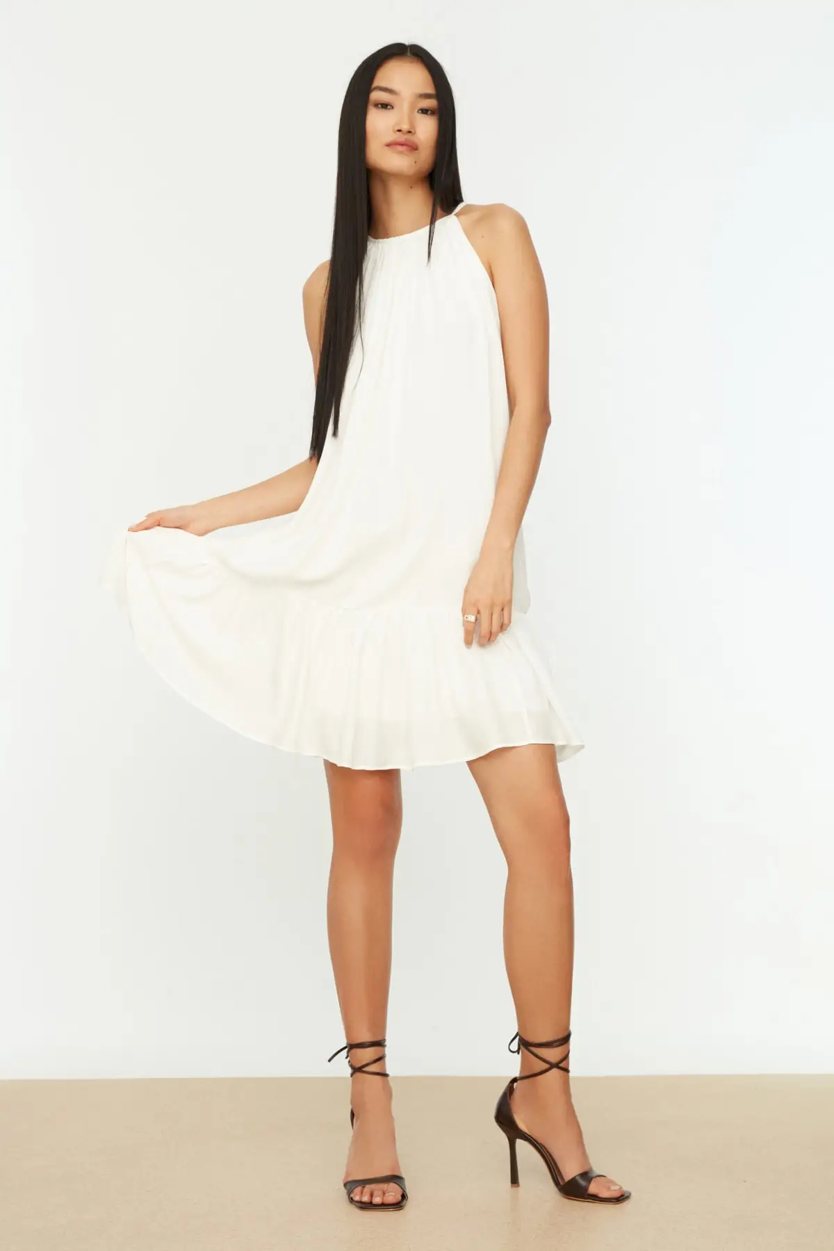 

White Halter collar dress TWOSS21EL2123 viscose standard flat Regular Mini woven sleeveless lined Skater Casual & Comfort clothing