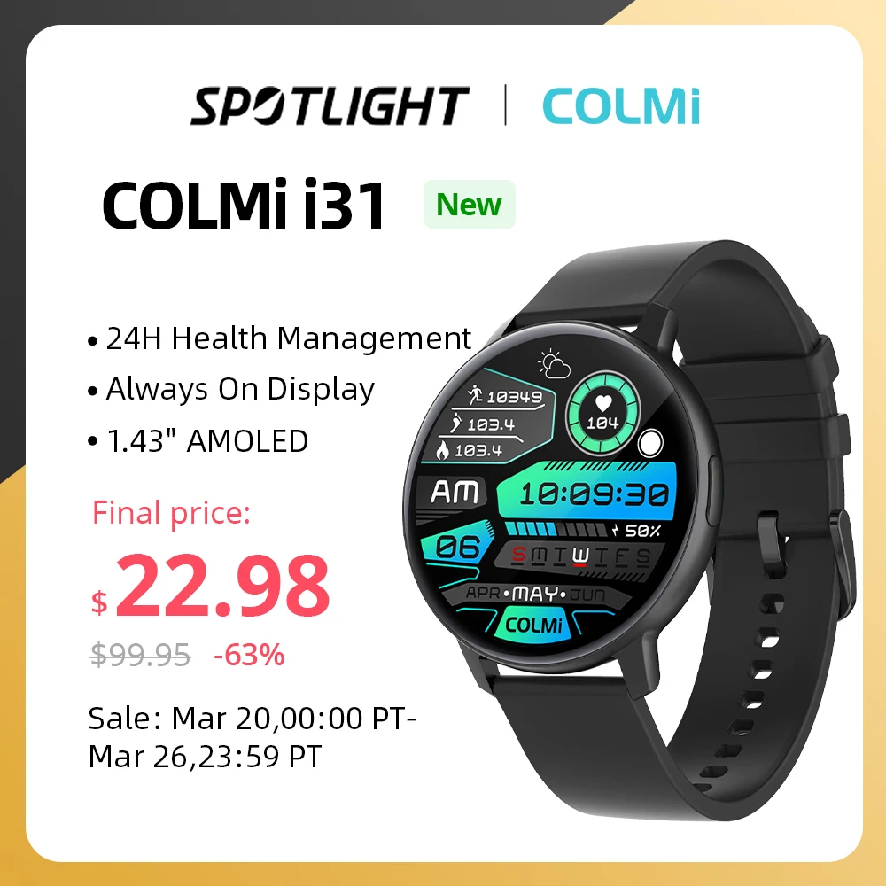 Смарт-часы COLMI i31 с 1,43-дюймовым AMOLED-дисплеем, 100 спортивных режимов, 7-дневный срок службы батареи, поддержка Always On Display, смарт-часы для мужчин и женщин - купить по выгодной цене - 200 лучших товаров с Али