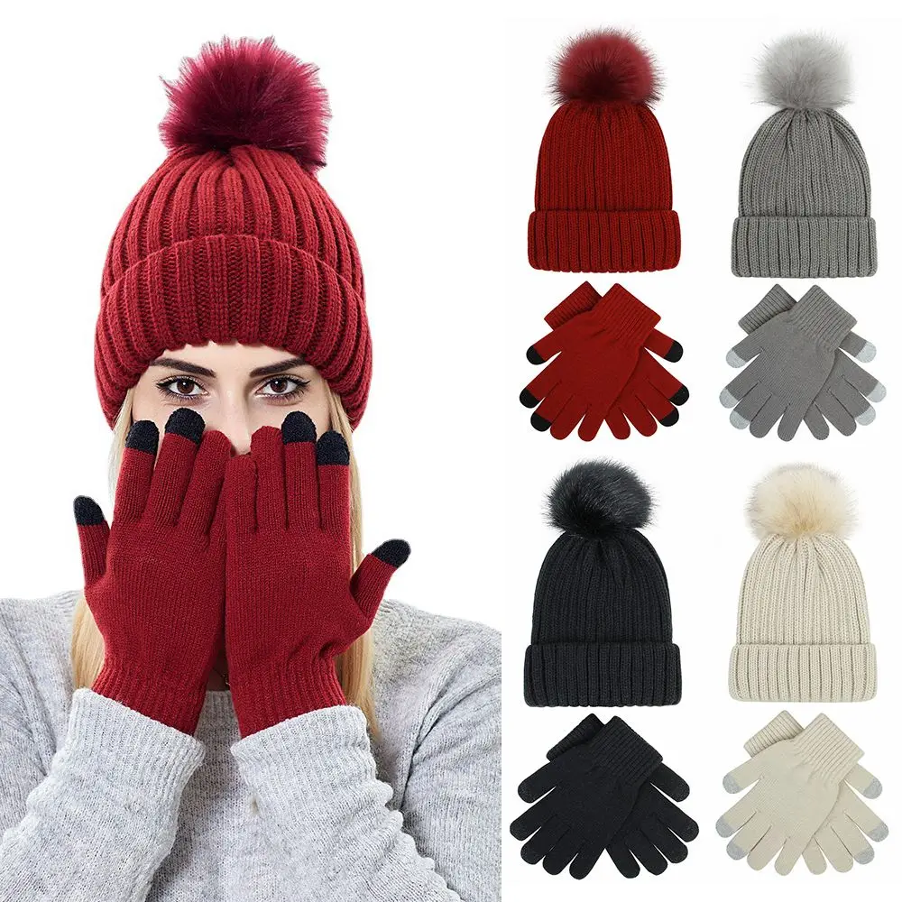 

Fashion Thick Warm Winter Faux Fur Pom Hats Slouchy Beanie Touch Screen Mittens Beanie Hat Gloves Set