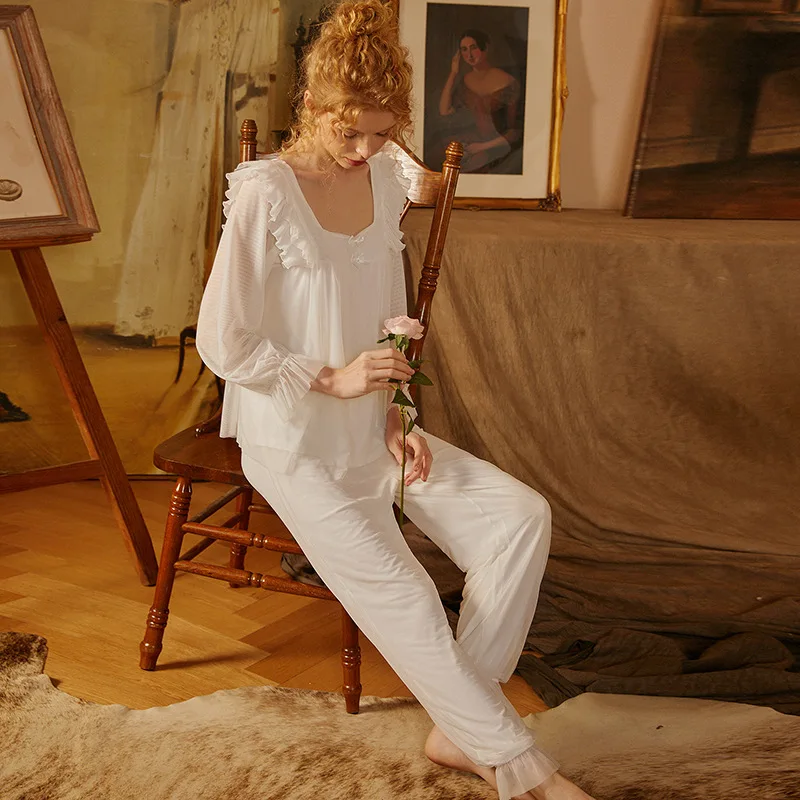 Women's Retro Elegant Square Collar Stringy Selvedge Light Thin Mesh Modal Pajama Sets Comfort Sleepwear Pajamas