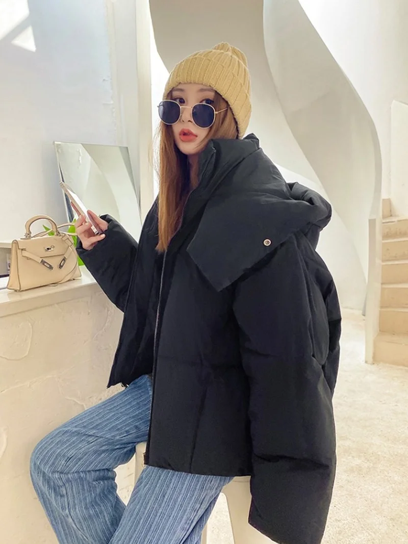 Solid Thick Warm Loose Parkas Down Jacket Winter Women 2023 Korean Elegant Hooded Cotton Jackets Coats Female Casual Streetwear
