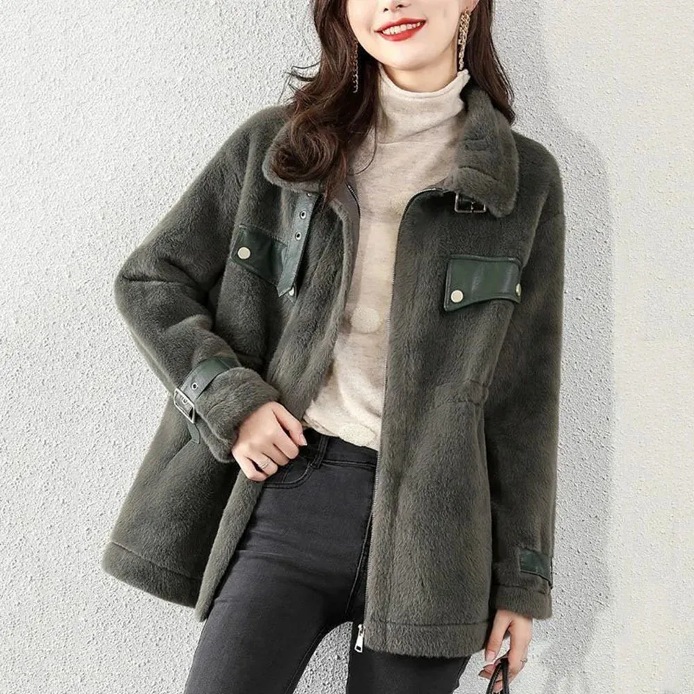 

2022 Autumn Faux Fur Jacket Women Short Coat Fashion Leisure Wild High-End Warm Ladies Outwear Casual Drawstring Overcoat Tops
