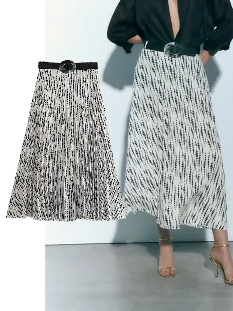 

Летняя женская плиссированная юбка с принтом TRAF, новинка 2023, женское элегантное платье до щиколотки с высокой талией и поясом, ежедневный пр...