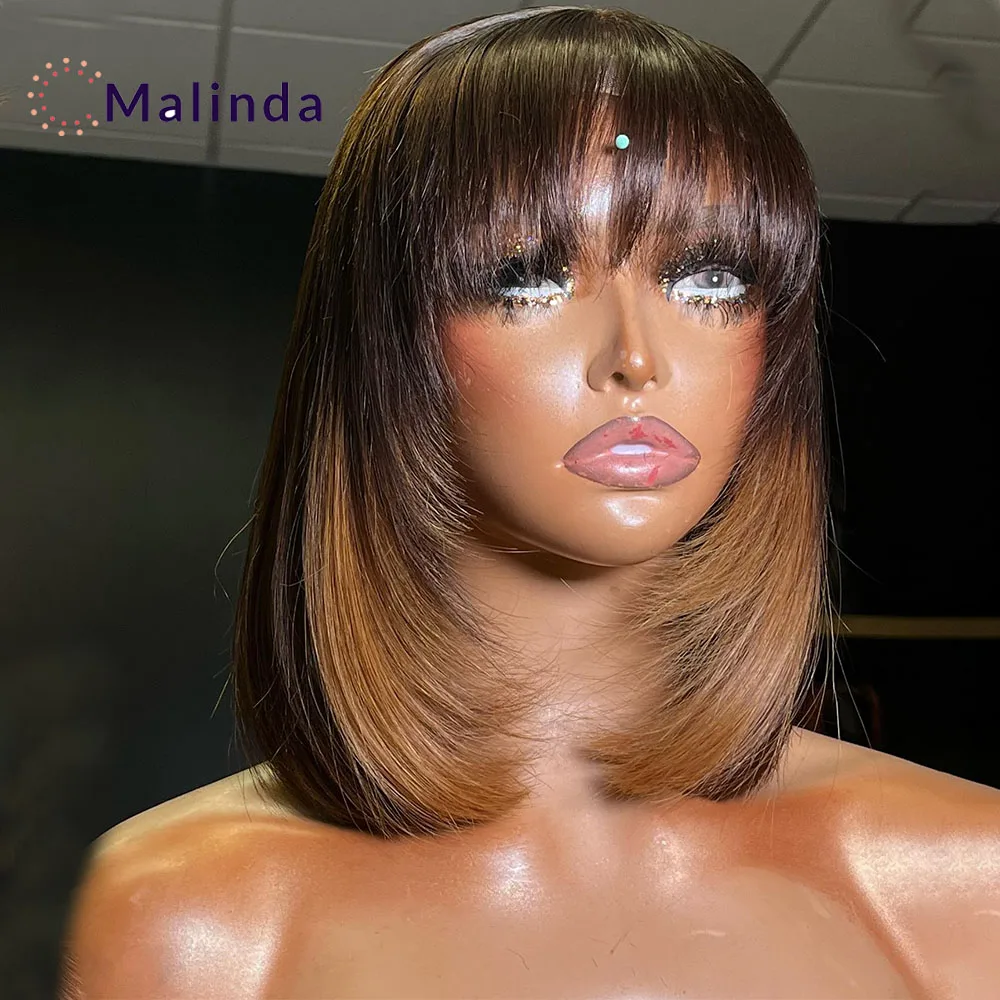

Ombre 1b 27 Colored Blonde 13x4 Short Bob Bone Straight Transparent Lace Front Glueless Wig With Bangs Human Hair Wear And Go