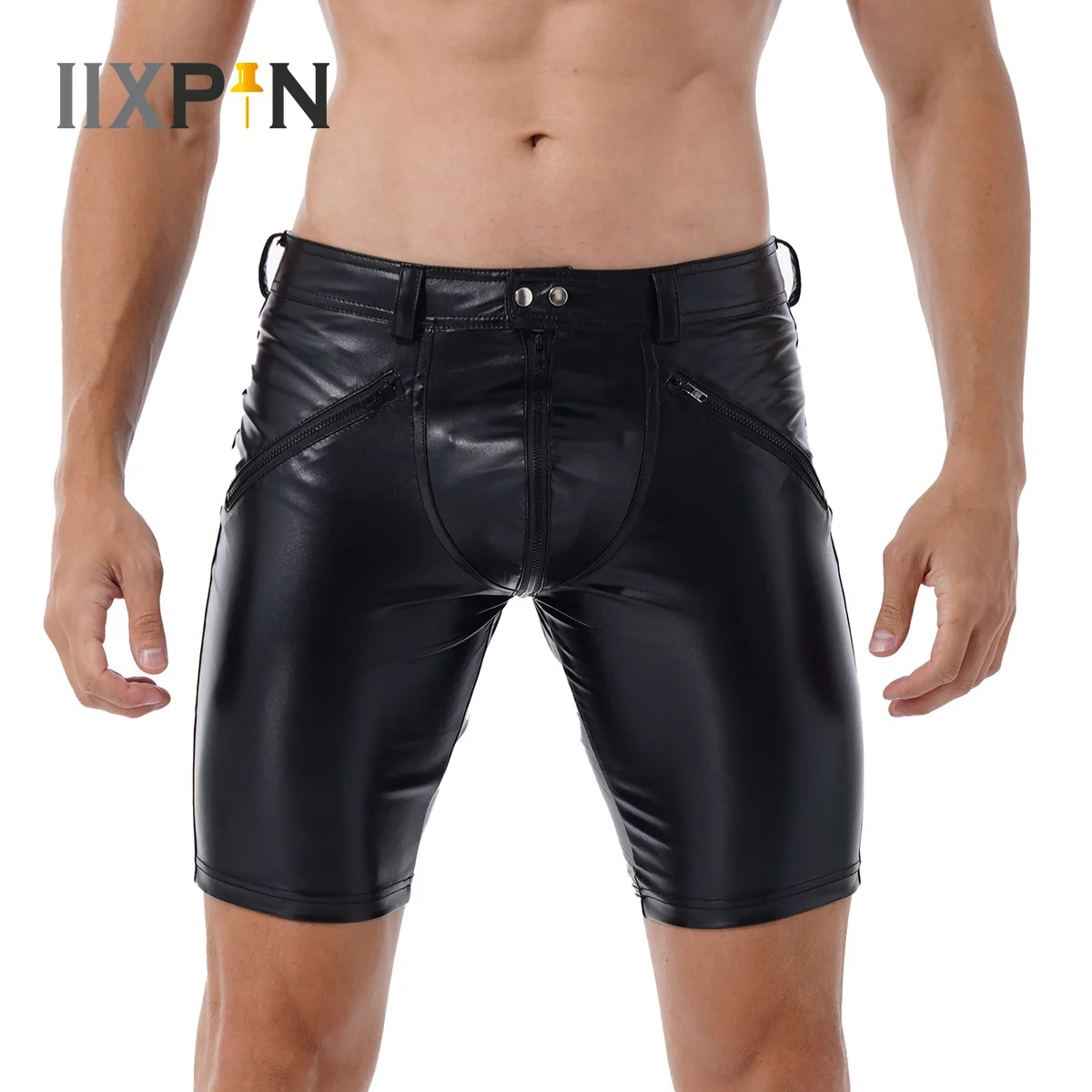 

Black Men Latex Wetlook Pants Sexy Soft Leater Middle Pants Full Zipper Workout ym Fitness Sorts Fasion Punk Party Clubwear