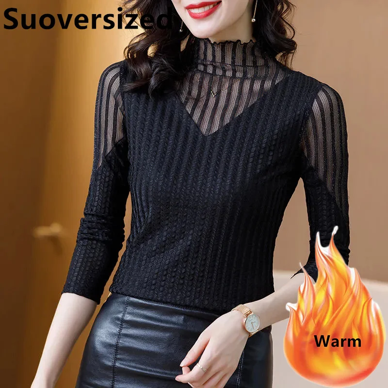 

Plus Velvet Winter Mock Neck Tops For Women Warm Casual Black Bottomed T-shirts Korean Elegantes Chic Hollow Out Pullover