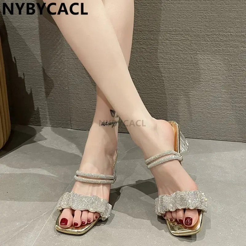 

Shoes Woman 2023 Slippers Heels Pantofle Glitter Slides Fashion High New Jelly Luxury Rubber Pumps Crystal PU Hoof Female Shoes