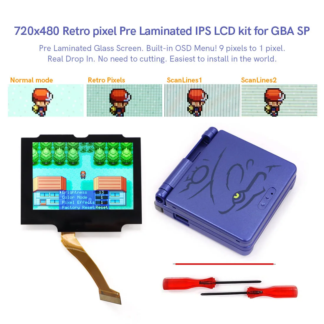 

Drop In GBA SP 3.0-inch 720x480 Retro Pixel Laminated LCD V5 IPS Backlight Kit w/Pokmen Kyogre Shell for Game boy Advance SP