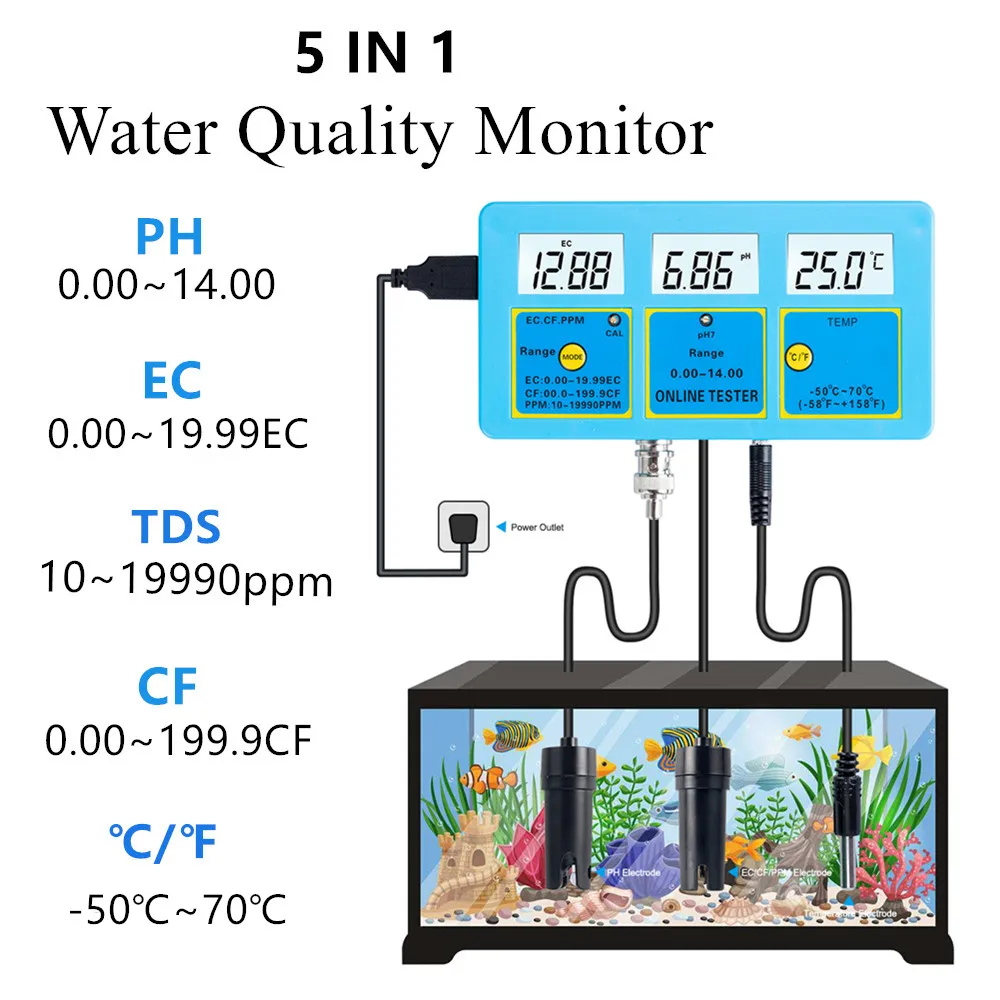 Multi-parameter 5 in 1 PH EC CF TDS Temp Tester Meter Water Quality Monitor Analysis Tool for Aquarium 40%OFF |