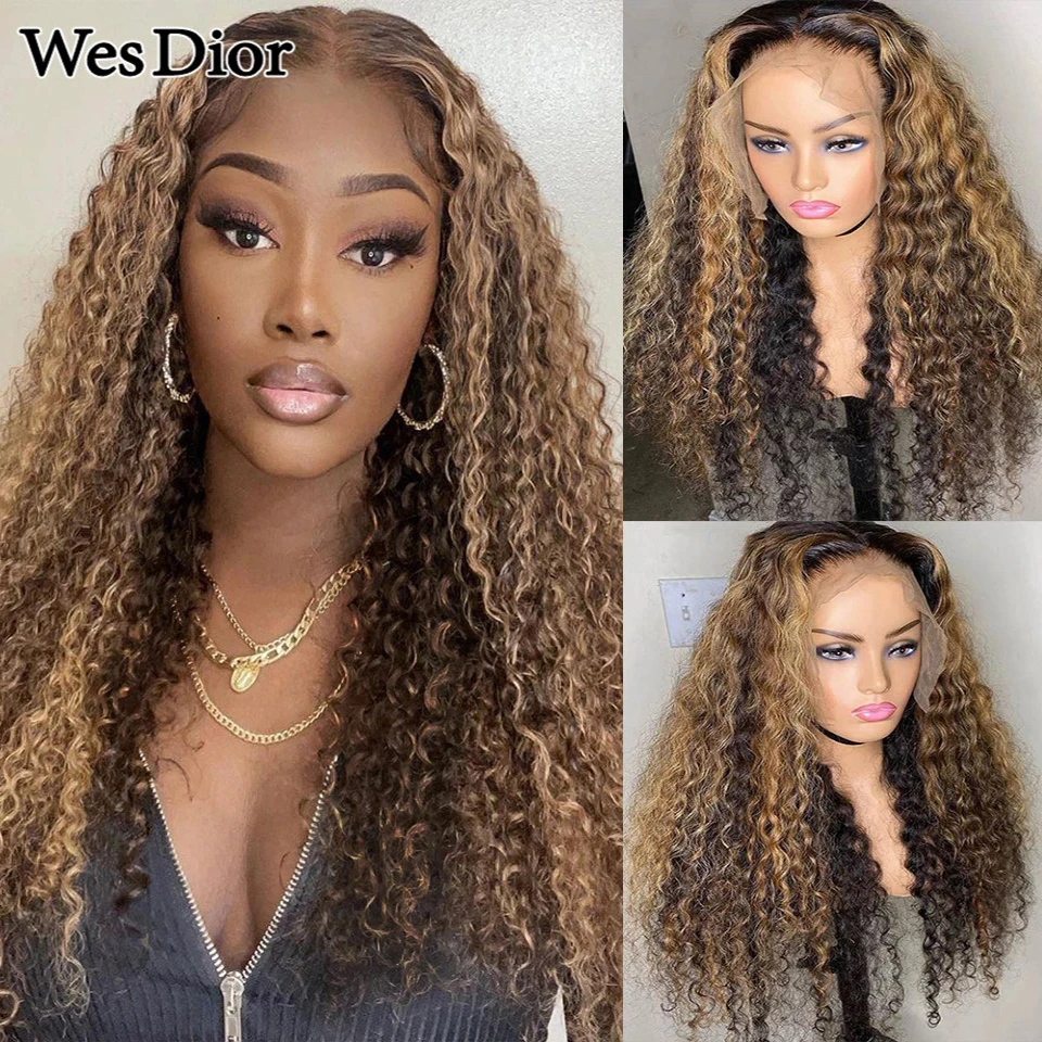 

Ombre Curly Wigs Brazilian Remy Highlight Colored Curly 13x4 Lace Front Human Hair Wigs For Black Women Pre-Plucked 180% Density