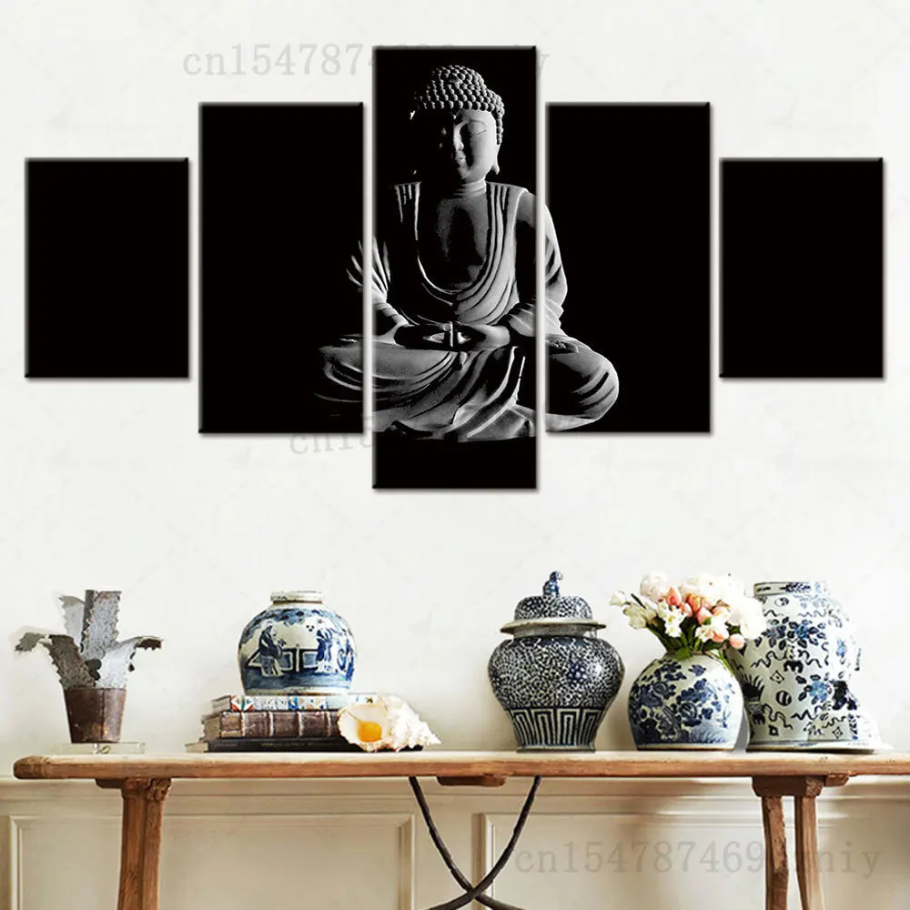 

5 панелей, высокое качество, черный фон, камень, Будда, картина, модульный Куадрос, Настенный декор, комната, эстетические картины, холст, иску...