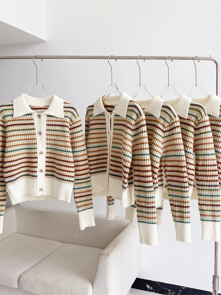 

Женский трикотажный кардиган с отложным воротником, в полоску