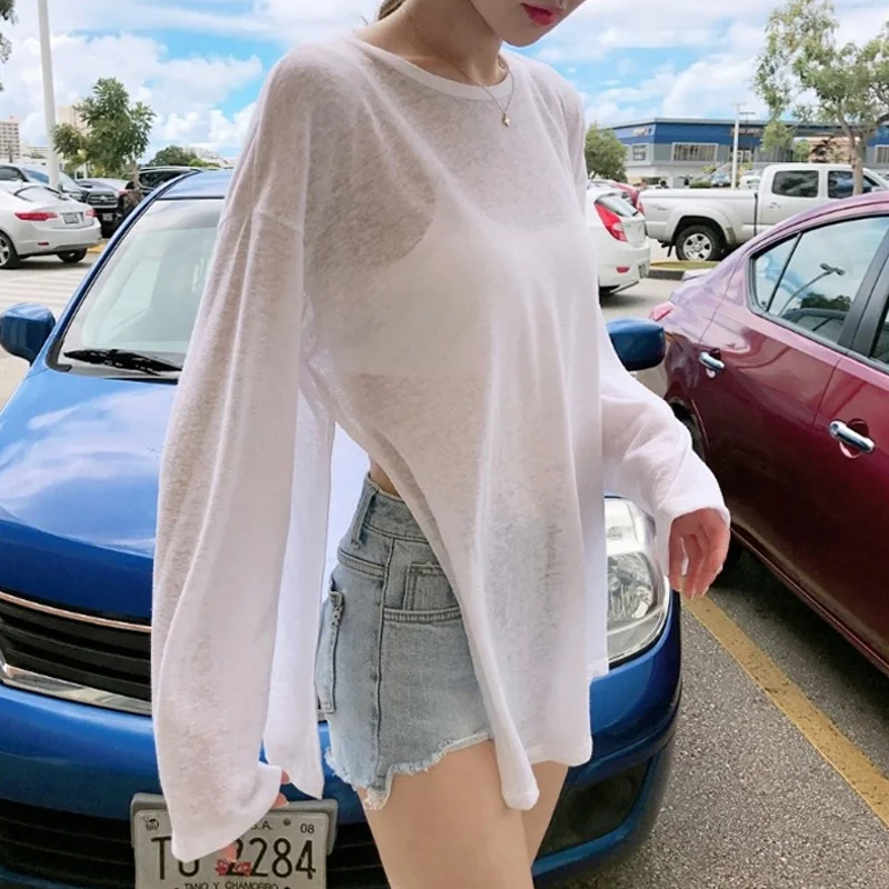 

Hikigawa Summer Hollow Out Sexy Casual T-shirts Chic Fashion All Match Roupas Femininas Women Long Sleeve O Neck Loose Y2k Tops