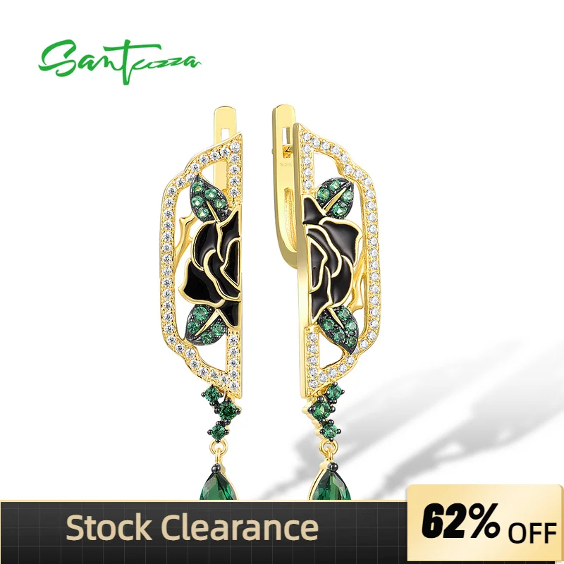 

SANTUZZA 925 Sterling Silver Earrings For Women White CZ Green Spinel Enamel Peony Asymmetric Gold Color Fine Jewelry Handmade
