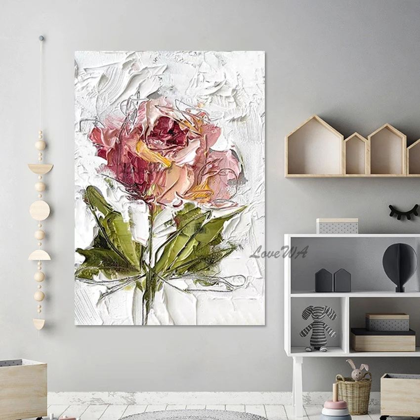 

Abstract Flowers Pictures Christmas Wall Decorations Frameless Pink Green Acrylic Art Canvas Plant Handmade Modern Oil Painting