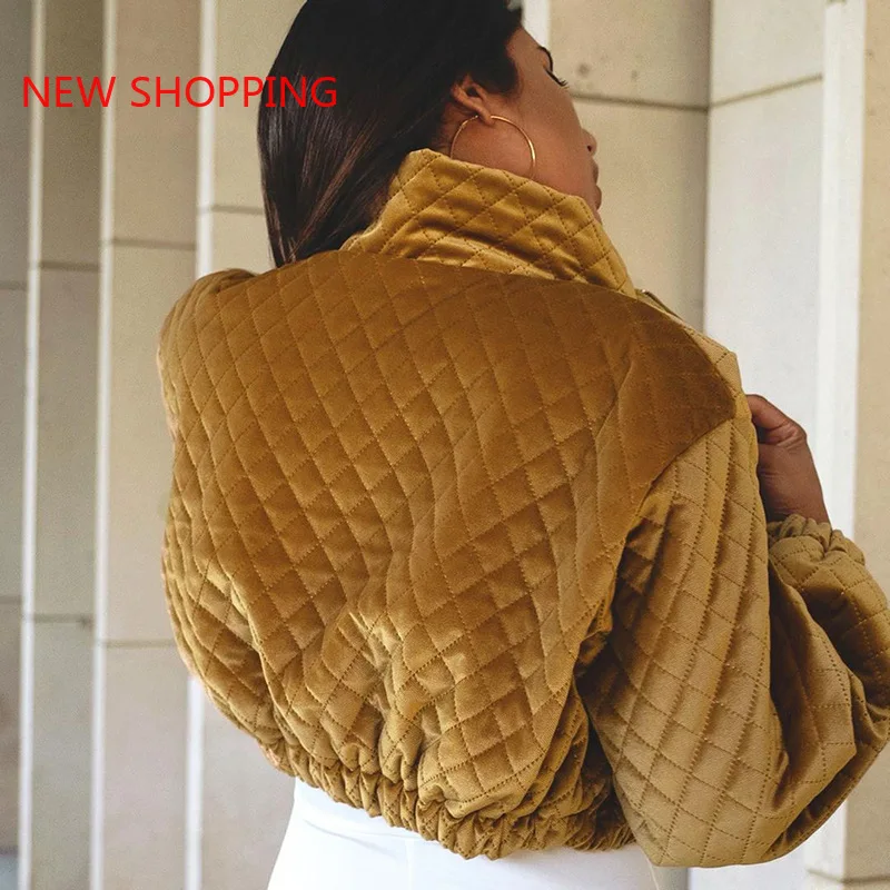 Fashion Bomber Jacket Plaid Warm Gold Black Parka Women Streetwear Cotton Zipper Winter Jackets Casual Chic Long Sleeve Parkas