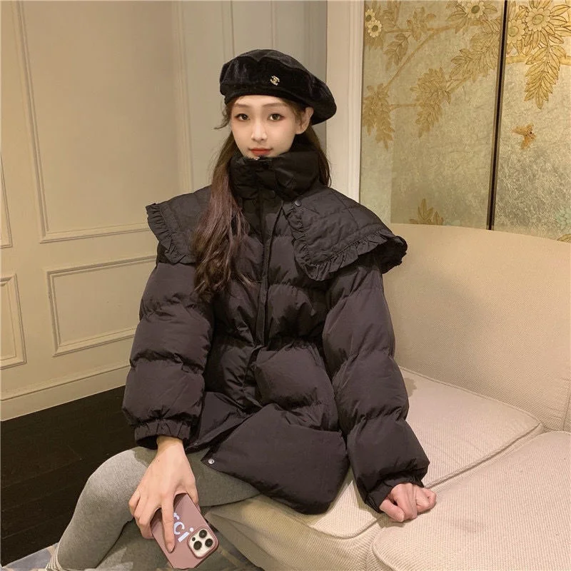 Winter Detachable Lace Collar Short Designer Jacket Women Hooded Korean Fashion Thick Warm Parkas Female Oversize Padded Clothes