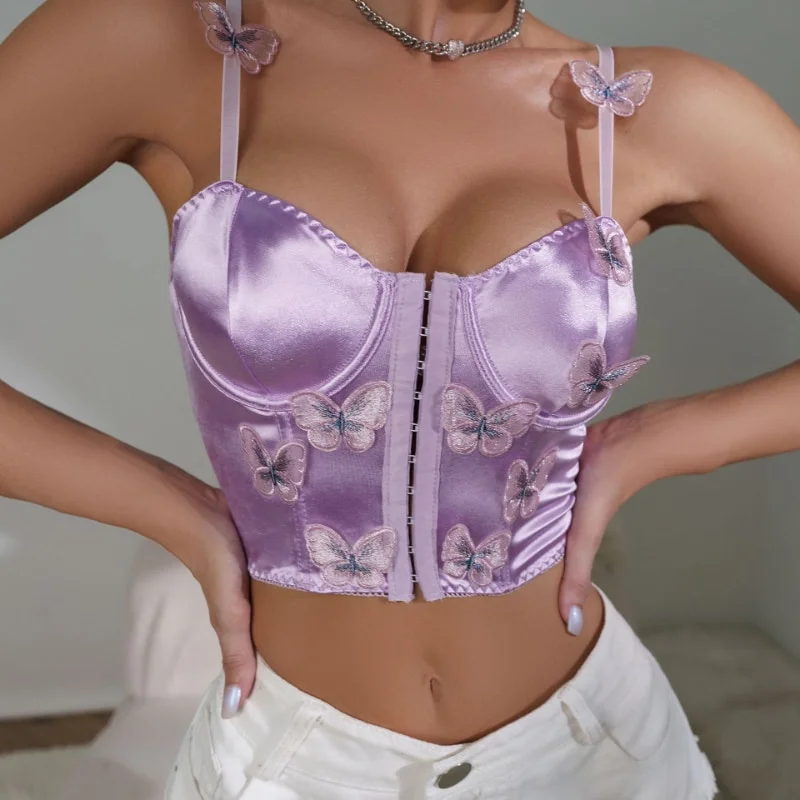 

Women Push Up Bustier Camisole Corsets Sexy Butterfly Applique Strapless Crop Tank Tops Tight Sleeveless Cami Bra Vest Tube Top