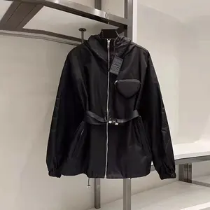 Luxury Women's Hooded Jacket Zipper With Belt Long Sleeve Jackets 2022 Spring Autumn Black Coat Ladi in Pakistan